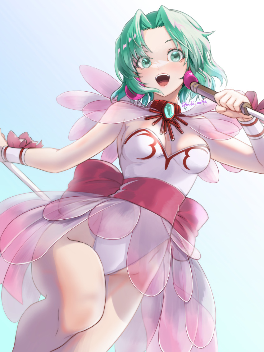 1girl :d armpits back_bow bare_arms bare_legs blue_background bow breasts choker cowboy_shot dagger dancer dot_nose dual_wielding earrings ellis_(toushinden) green_eyes green_hair highres holding holding_dagger holding_knife holding_weapon ivuki jewelry knife leotard looking_at_viewer medium_breasts open_mouth parted_bangs pink_bow red_choker reverse_grip see-through_clothes short_hair simple_background smile solo standing standing_on_one_leg thighs toushinden twitter_username weapon white_leotard wrist_bow wrist_cuffs