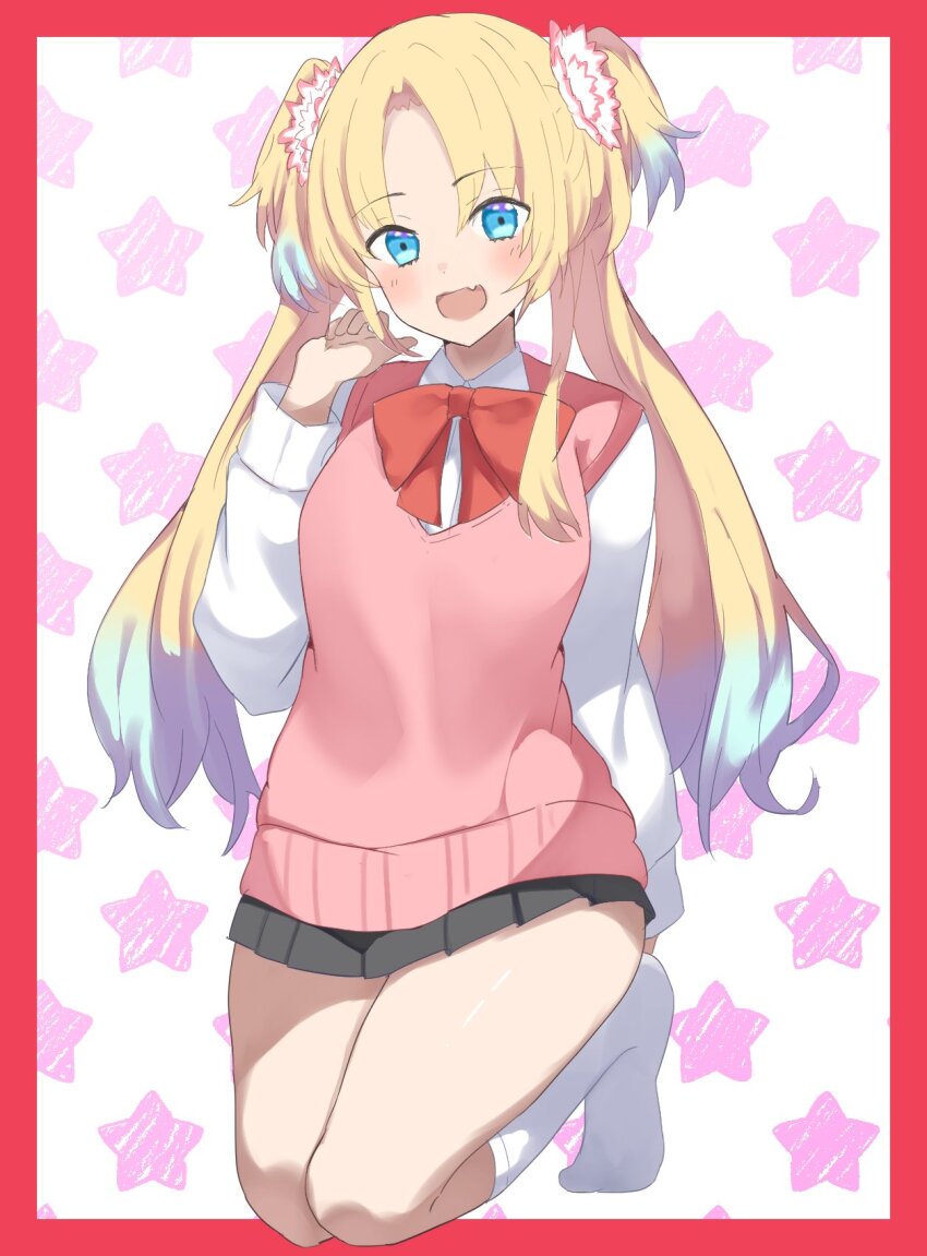 1girl alternate_costume black_skirt blonde_hair blue_eyes blue_hair blush border bow bowtie breasts closed_mouth collared_shirt commentary dress_shirt flower full_body gradient_hair hair_flower hair_ornament highres link!_like!_love_live! long_hair long_sleeves love_live! medium_breasts miniskirt multicolored_hair no_shoes osawa_rurino outline outside_border parted_bangs pink_background pink_flower pink_sweater_vest pleated_skirt red_border red_bow red_bowtie revision school_uniform shirt skirt smile socks solo soyo1558686 star_(symbol) star_symbol_background sweater_vest twintails very_long_hair virtual_youtuber white_outline white_shirt white_socks