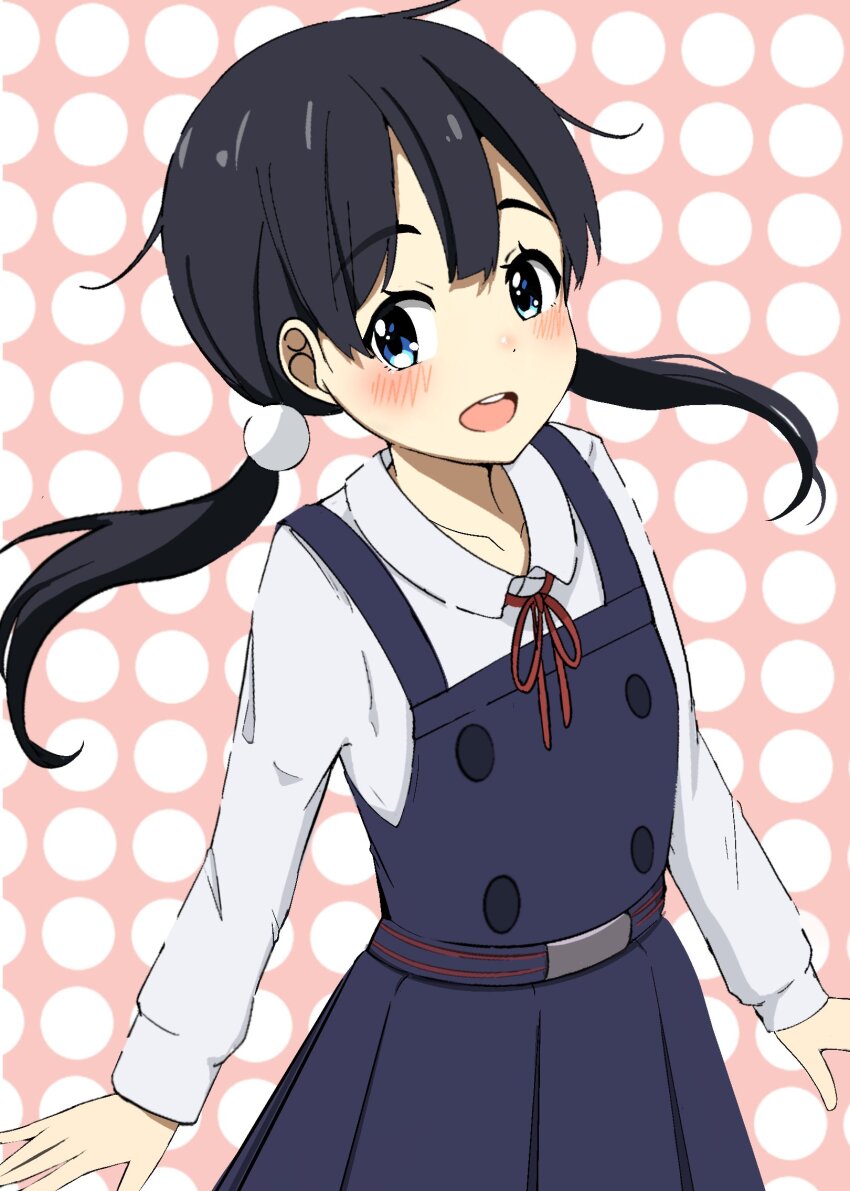 1girl black_hair blue_eyes collarbone dot_nose female_focus highres kitashirakawa_tamako long_hair long_sleeve_shirt long_sleeves open_mouth school_uniform solo standing tamako_market teeth yuruligon