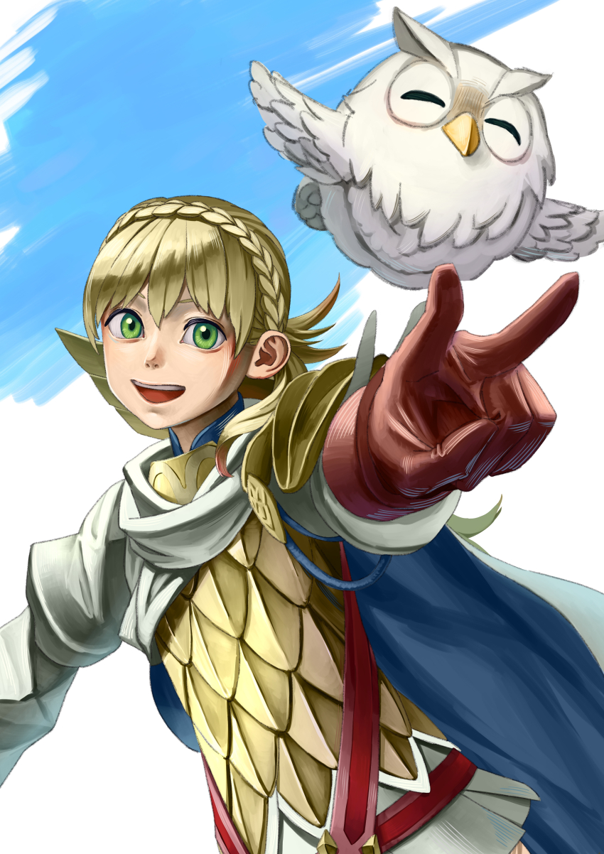 2girls absurdres armor bird blonde_hair braid brown_gloves crown_braid feather_trim feh_(fire_emblem_heroes) fire_emblem fire_emblem_heroes gloves green_eyes highres multiple_girls nintendo open_mouth owl scale_armor sharena_(fire_emblem) shoko v