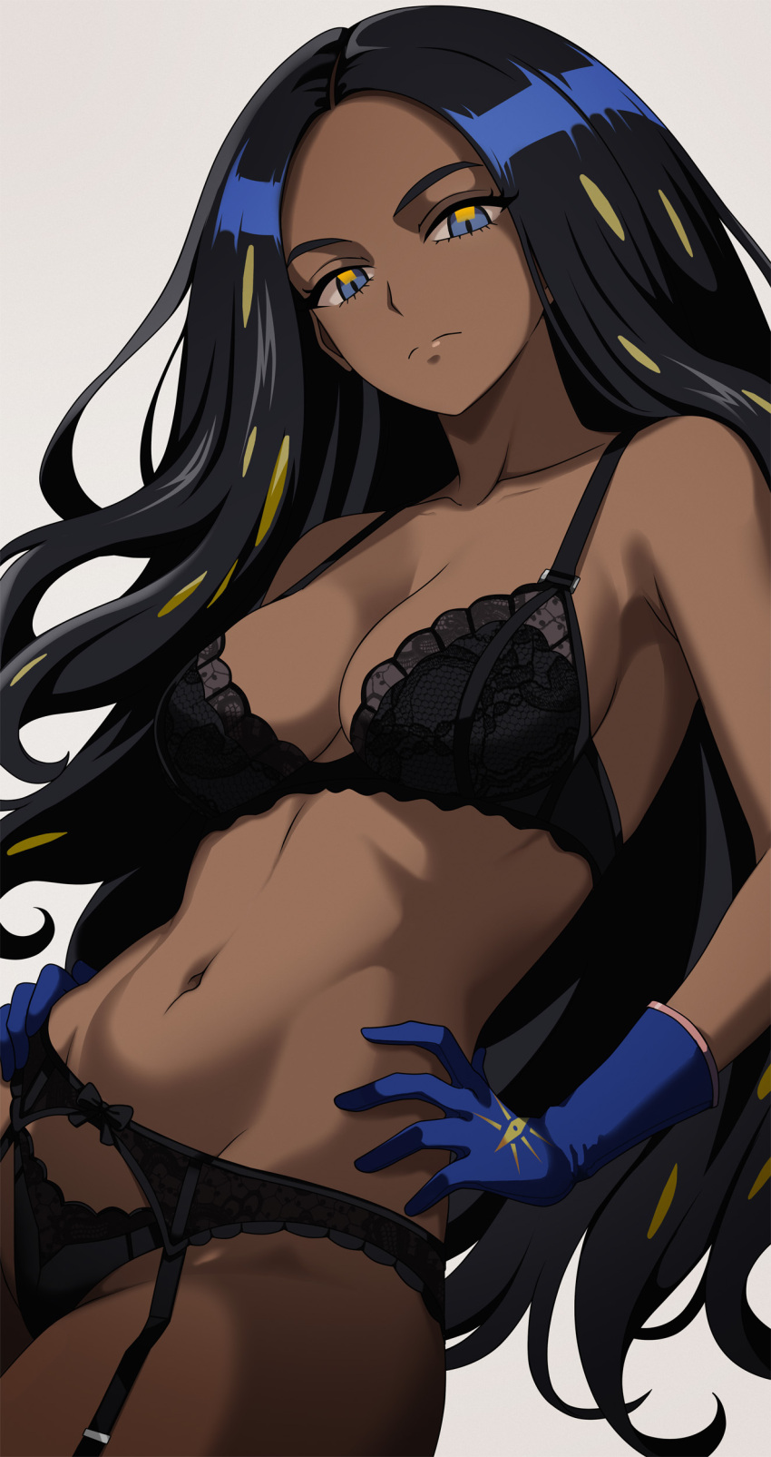 1girl absurdres black_bra black_hair black_panties blue_eyes blue_gloves bra closed_mouth dark-skinned_female dark_skin garter_belt garter_straps geeta_(pokemon) gloves highres long_hair navel nintendo panties pokemon pokemon_sv solo underwear vivivoovoo