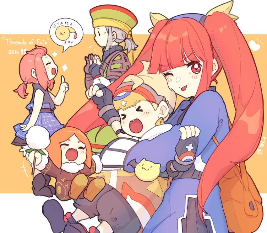 &gt;_&lt; 2boys 2girls :d :p anniversary black_gloves black_undershirt blonde_hair blue_shirt blunt_bangs blush copyright_name dewprism elena_(dewprism) fingerless_gloves flying_sweatdrops gloves green_hat grey_hair hat highres hug hug_from_behind long_hair long_sleeves looking_at_viewer low_ponytail mint_(dewprism) multiple_boys multiple_girls naekam one_eye_closed open_mouth pink_hair pollywog ponytail prima_doll red_eyes rue_(dewprism) shirt short_hair short_ponytail sidelocks smile sweatdrop tongue tongue_out twintails