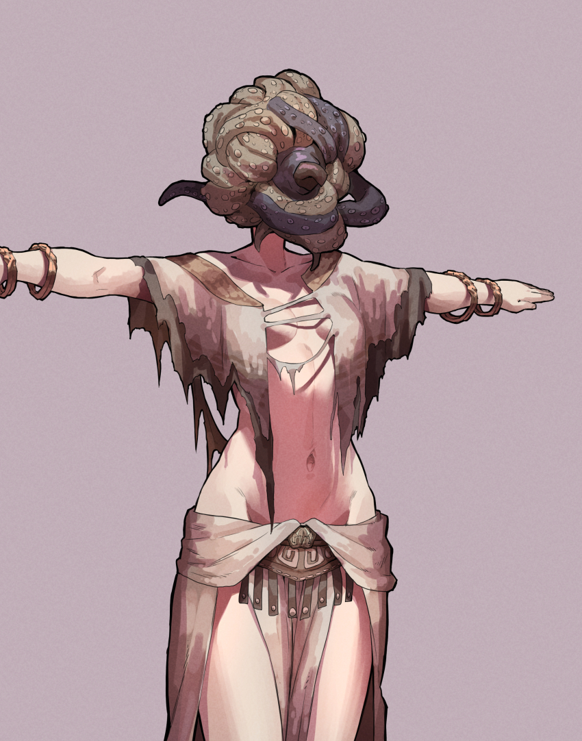 1girl absurdres ekrea_jan elden_ring highres navel simple_background solo stomach t-pose tarnished_(elden_ring) torn_clothes