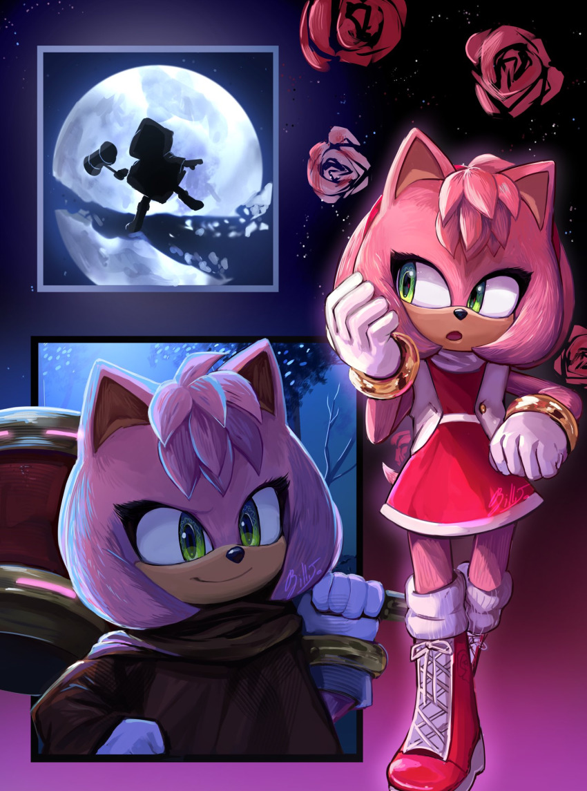 1girl amy_rose billijofreeze boots bracelet dress flower gloves green_eyes hammer hedgehog highres hood jewelry legs medium_hair moon night night_sky paramount_pictures petals pink_fur pink_hair red_dress rose rose_petals sega sky smile sonic_(live_action) sonic_(series) sonic_the_hedgehog_3_(movie) star_(sky) toy_hammer
