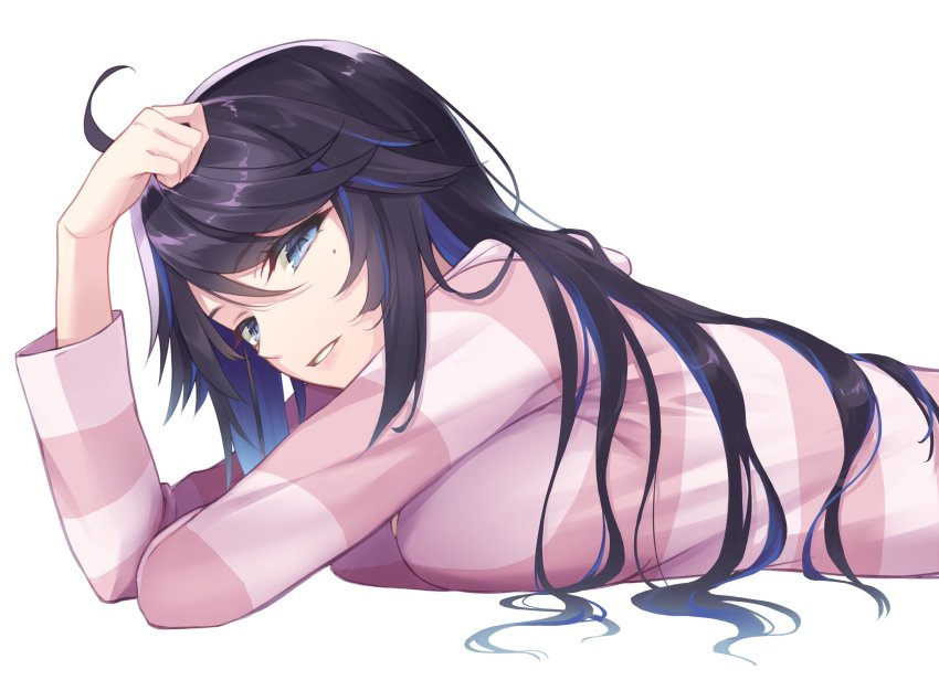 1girl ahoge black_hair blue_eyes blue_hair colored_inner_hair highres kson long_hair looking_at_viewer lying mole mole_under_eye multicolored_hair official_alternate_costume on_stomach pajamas solo sumi_tsuki two-tone_hair virtual_youtuber vshojo