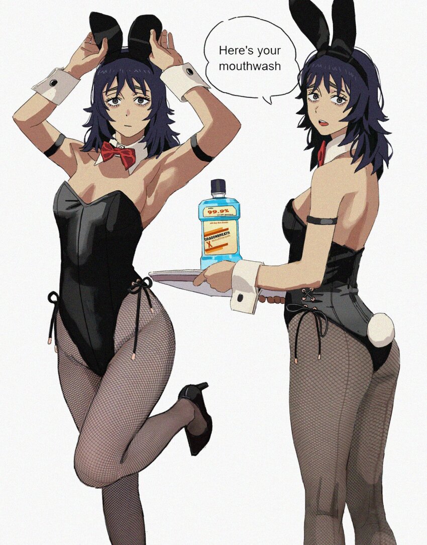 1girl animal_ear_hairband animal_ears anya_(mouthwashing) black_eyes black_hair black_leotard bow bowtie detached_collar english_text fake_animal_ears fake_tail fishnet_pantyhose fishnets hairband high_heels highres holding holding_plate leg_up leotard mouthwash mouthwashing multiple_views pantyhose plate playboy_bunny rabbit_ears rabbit_tail red_bow red_bowtie shiren_(ourboy83) simple_background solo speech_bubble tail white_background wrist_cuffs