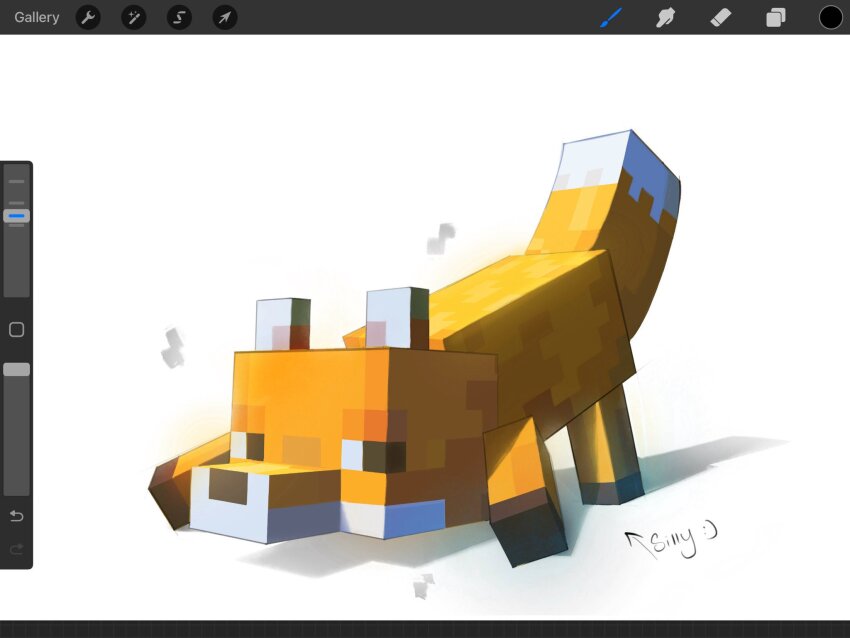 animal animal_focus arrow_(symbol) art_program_in_frame commentary english_commentary english_text fox fox_(minecraft) full_body highres looking_at_viewer low_poly minecraft minecraft_(style) no_humans official_style ravioli_(raviolicraft) simple_background tail white_background