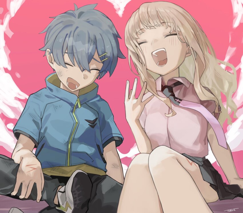 1boy 1girl asanaka_yomogi black_pants black_skirt blonde_hair blue_hair blue_jacket closed_eyes couple gridman_universe heart hetero highres jacket laughing long_hair minami_yume miniskirt open_mouth pants pink_background pink_shirt pleated_skirt scar scar_on_hand scar_on_leg shirt short_hair simple_background sitting skirt ssss.dynazenon tyaui_(xjju4435)