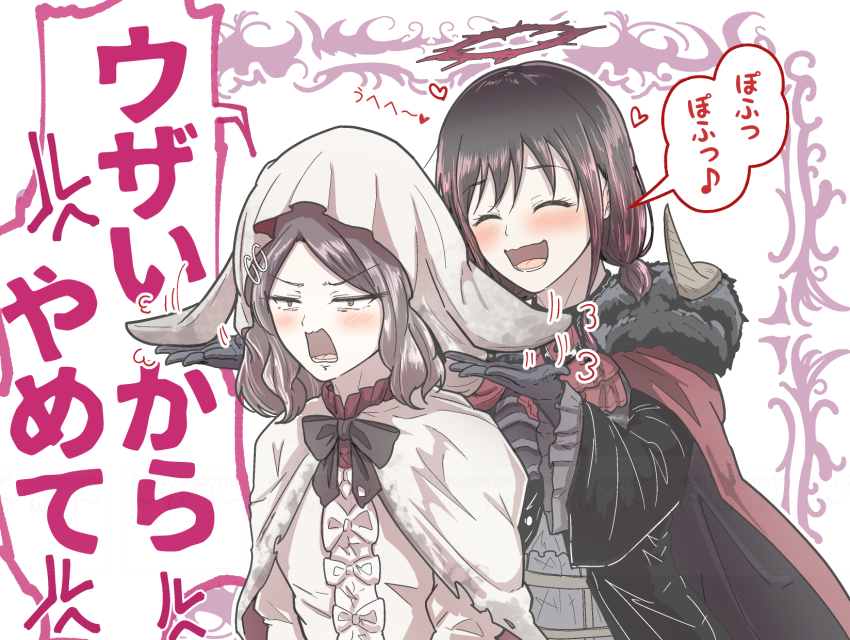 2girls 5tb anger_vein animal_hood blush bow brown_hair cape closed_eyes commentary_request ebizuka_tomo girls_band_cry girls_band_cry_rpg gloves halo heart highres hood iseri_nina medium_hair multiple_girls musical_note open_mouth playing_with_another&#039;s_ears rabbit_hood red_eyes red_halo simple_background speech_bubble spoken_anger_vein spoken_musical_note translation_request white_background yuri