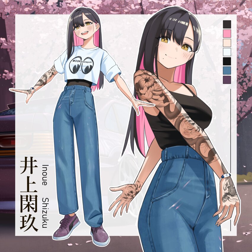 1girl absurdres arm_tattoo black_camisole black_hair blue_pants blush bracelet breasts brown_eyes camisole character_name reference_sheet color_guide colored_inner_hair commentary denim english_commentary hand_tattoo haow highres jeans jewelry long_hair looking_at_viewer medium_breasts multicolored_hair multiple_views open_mouth original pants pink_hair puma_(brand) purple_footwear ring shirt shirt_tucked_in shizuku_inoue_(haow) shoes smile sneakers tattoo very_long_hair white_shirt