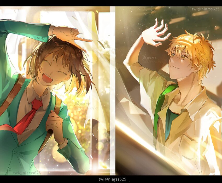 1boy 1girl blazer blonde_hair blue_jacket bob_cut brown_eyes brown_hair closed_eyes collared_shirt curtains highres iwakura_mitsumi jacket long_sleeves necktie niarss open_mouth red_necktie school_uniform shima_sousuke shirt short_hair skip_to_loafer smile twitter_username v white_shirt