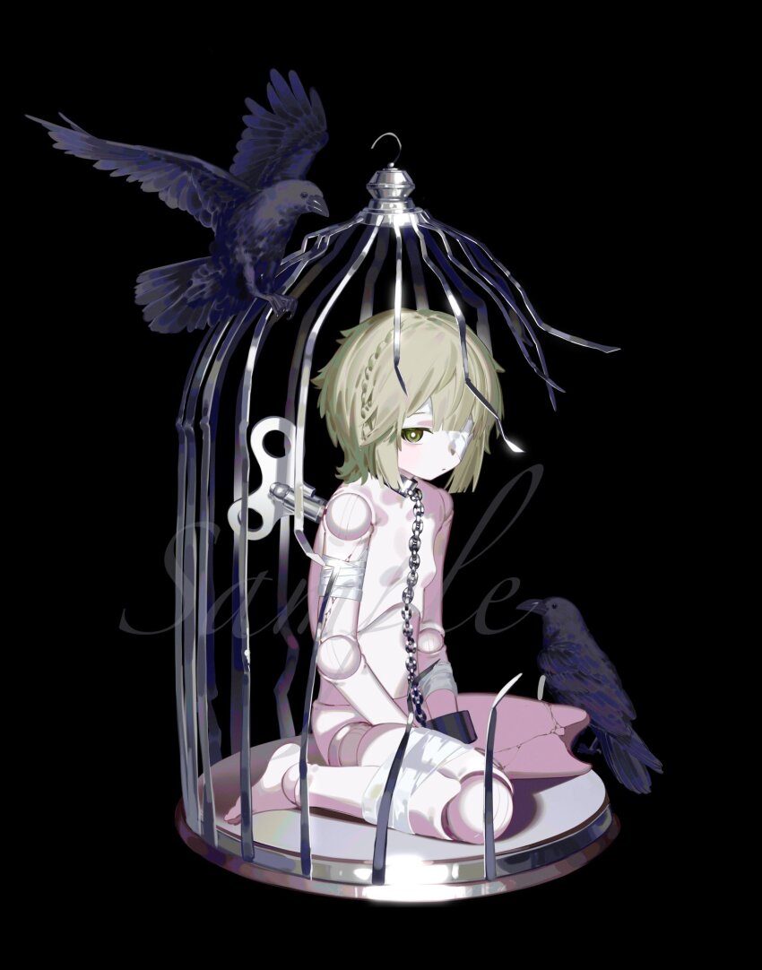 1girl amputee bandaged_arm bandaged_leg bandages bird birdcage breasts cage crow doll_joints expressionless full_body green_eyes grey_hair highres joints looking_at_viewer nude original ryuuforkaf sample_watermark short_hair small_breasts solo watermark winding_key