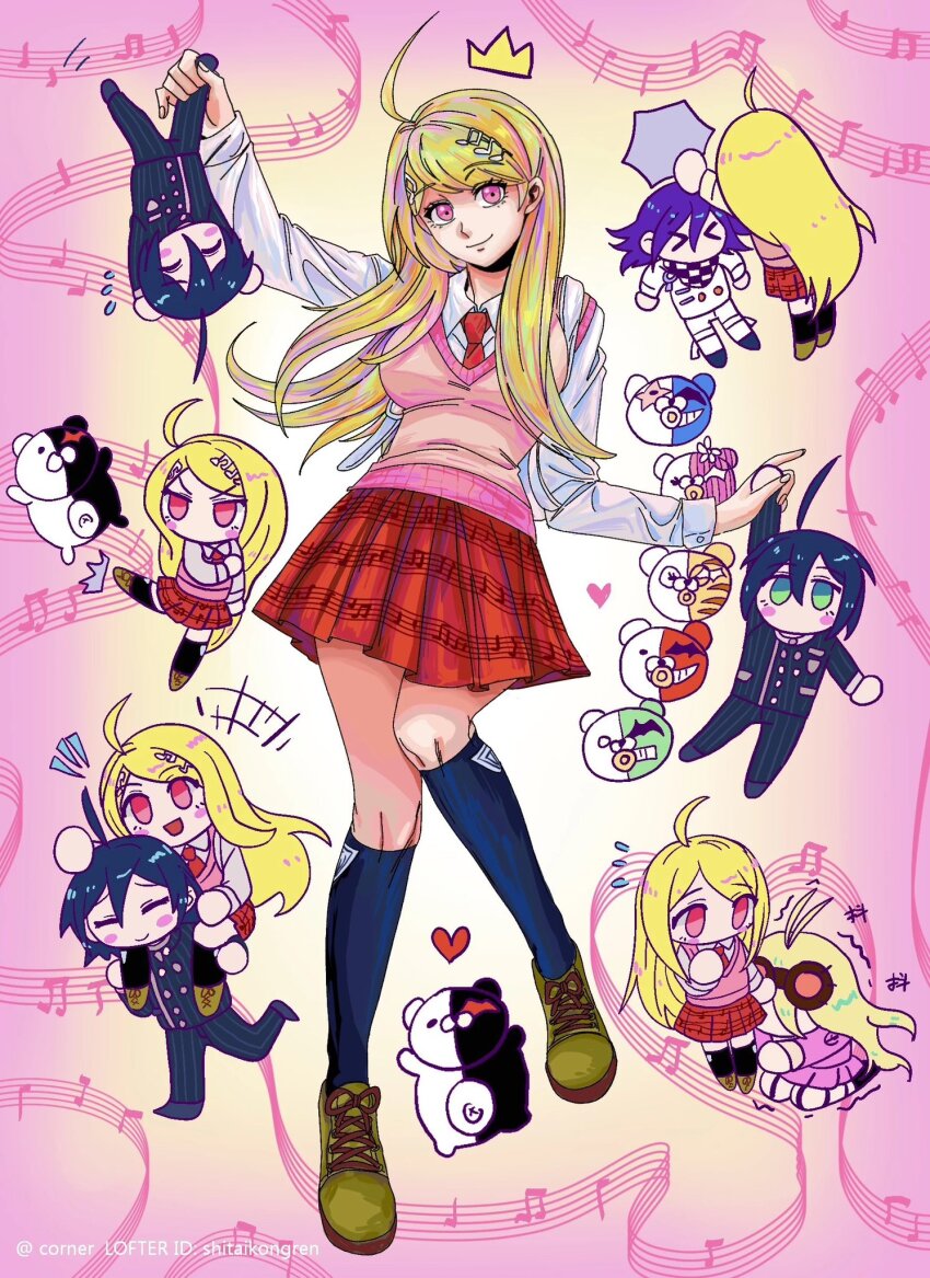 &gt;_&lt; 2boys 2girls ahoge arm_up black_hair black_jacket black_pants blush_stickers breasts brown_footwear chibi closed_mouth collared_shirt corner_(corner29452966) crown_print danganronpa_(series) danganronpa_v3:_killing_harmony fortissimo hair_between_eyes hair_ornament heart highres holding iruma_miu jacket large_breasts long_hair looking_up miniskirt monodam monokid monokuma monophanie monosuke monotaro_(danganronpa) multiple_boys multiple_girls musical_note musical_note_hair_ornament necktie oma_kokichi pants pink_eyes pleated_skirt red_necktie red_skirt shirt short_hair skirt smile striped_clothes striped_jacket striped_pants trembling upside-down white_shirt
