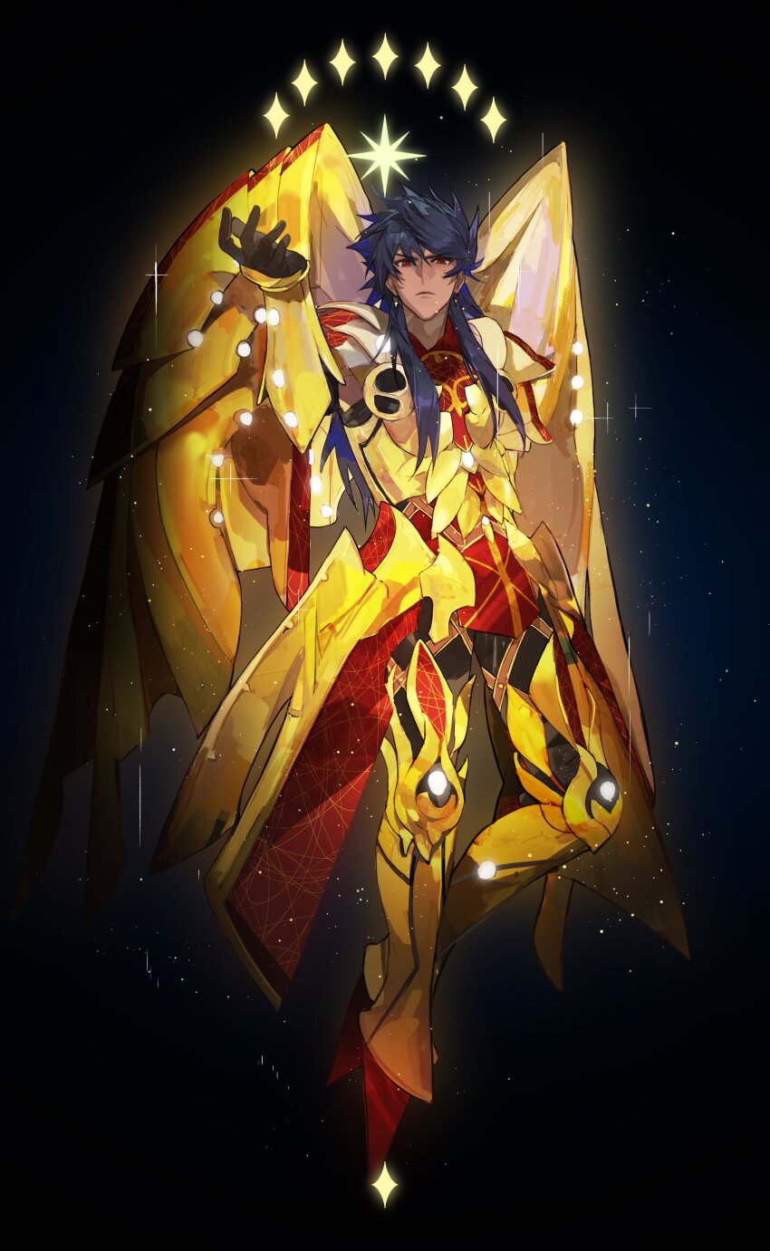 1boy absurdres armor black_hair dark-skinned_male dark_skin fate/grand_order fate_(series) fui_(fui29493452) glowing_armor gold_armor golden_wings highres jewelry long_hair male_focus romulus_quirinus_(fate) solo wings