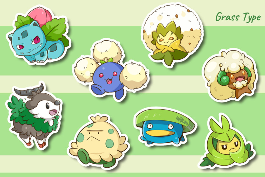 :&lt; :3 black_eyes brown_eyes eldegoss fangs full_body gen_1_pokemon gen_2_pokemon gen_3_pokemon gen_5_pokemon gen_6_pokemon gen_8_pokemon ivysaur jumpluff lotad nintendo no_humans nostrils open_mouth outline pokemon pokemon_(creature) red_eyes shroomish skiddo smile swadloon whimsicott white_outline yuki00yo