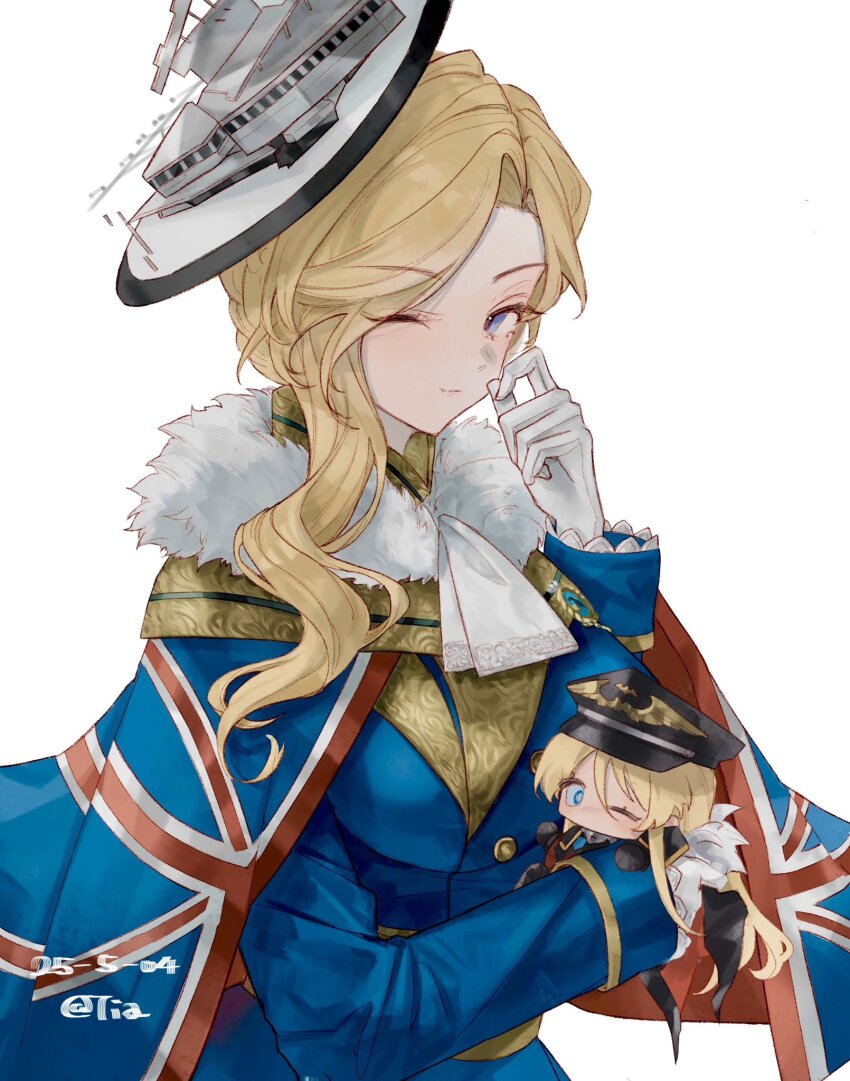 1girl ascot azur_lane bismarck_(azur_lane) black_hat blonde_hair blue_capelet blue_coat blue_eyes capelet character_doll coat doll earrings frilled_ascot frills gloves hair_between_eyes hair_over_shoulder hat highres holding holding_doll hood_(azur_lane) jewelry long_hair long_hair_between_eyes long_sleeves looking_at_viewer one_eye_closed tiatan tilted_headwear union_jack_print white_gloves