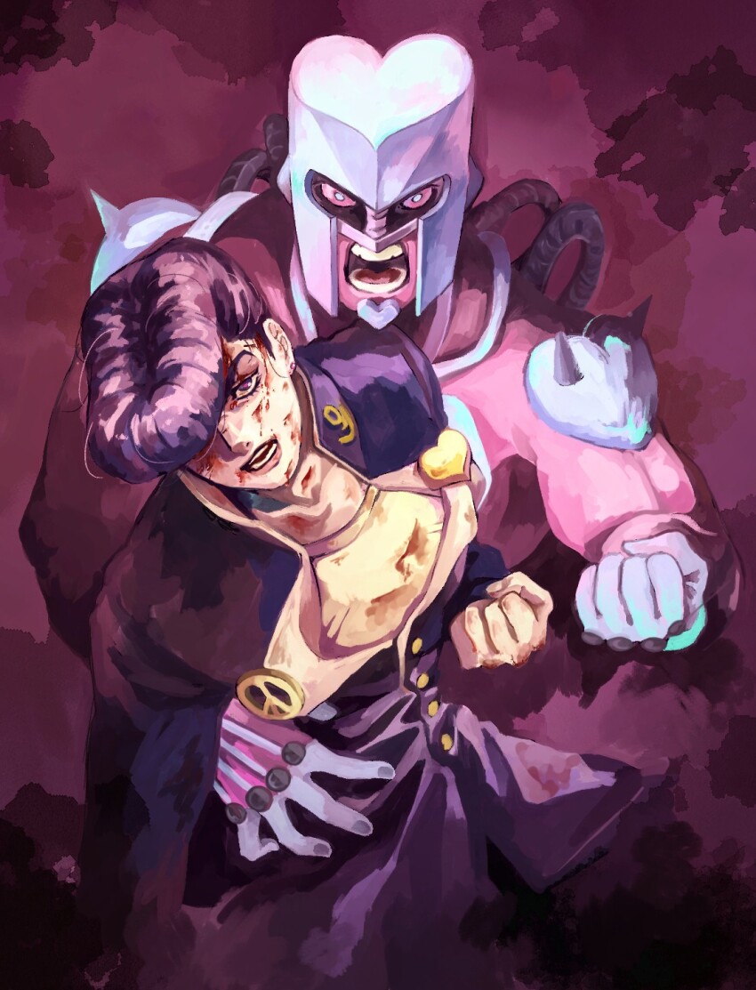 1boy 1other abstract_background anchor_ornament black_hair blood blood_on_face clenched_hand colored_skin crazy_diamond diamond_wa_kudakenai gakuran hand_on_another&#039;s_waist helmet higashikata_josuke highres jojo_no_kimyou_na_bouken male_focus open_mouth peace_symbol pink_skin pompadour purple_gakuran school_uniform shirt shouting togusa_jj yellow_shirt