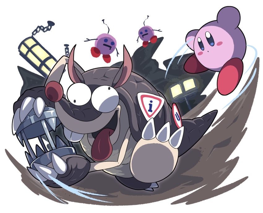 battle blush_stickers cage claws colored_skin highres holding holding_cage kirby kirby_(series) kirby_and_the_forgotten_land nintendo open_mouth pink_skin poyo_party sillydillo solid_oval_eyes tail tongue tongue_out wall-eyed