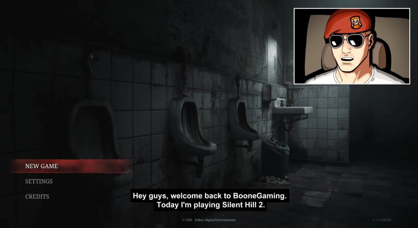 1boy bathroom beret caption chair craig_boone decomposedtaco english_text fallout fallout:_new_vegas game_screenshot_inset hat highres livestream mirror shirt silent_hill_(series) silent_hill_2_(remake) sink solo sunglasses urinal white_shirt