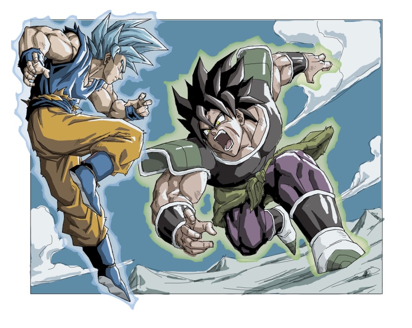 2boys armor aura battle black_armor black_hair blue_boots blue_eyes blue_hair blue_shirt boots broly_(dragon_ball_super) dragon_ball dragon_ball_super dragon_ball_super_broly male_focus multiple_boys n_(n14542698) orange_pants pants purple_pants running saiyan_armor shirt son_goku spiked_hair super_saiyan super_saiyan_blue yellow_eyes