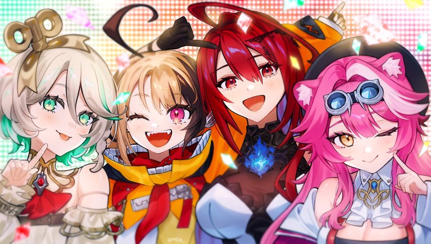 4girls ahoge animal_ears beret black_gloves brown_hair cecilia_immergreen cecilia_immergreen_(1st_costume) confetti doll_joints elizabeth_rose_bloodflame elizabeth_rose_bloodflame_(1st_costume) gigi_murin gigi_murin_(1st_costume) gloves goggles goggles_on_head green_eyes green_hair grey_hair hat holojustice hololive hololive_english huge_ahoge joints moa_(21energy12) multiple_girls one_eye_closed panther_ears pink_eyes pink_hair raora_panthera raora_panthera_(1st_costume) red_eyes red_hair sharp_teeth teeth tongue tongue_out virtual_youtuber winding_key yellow_eyes