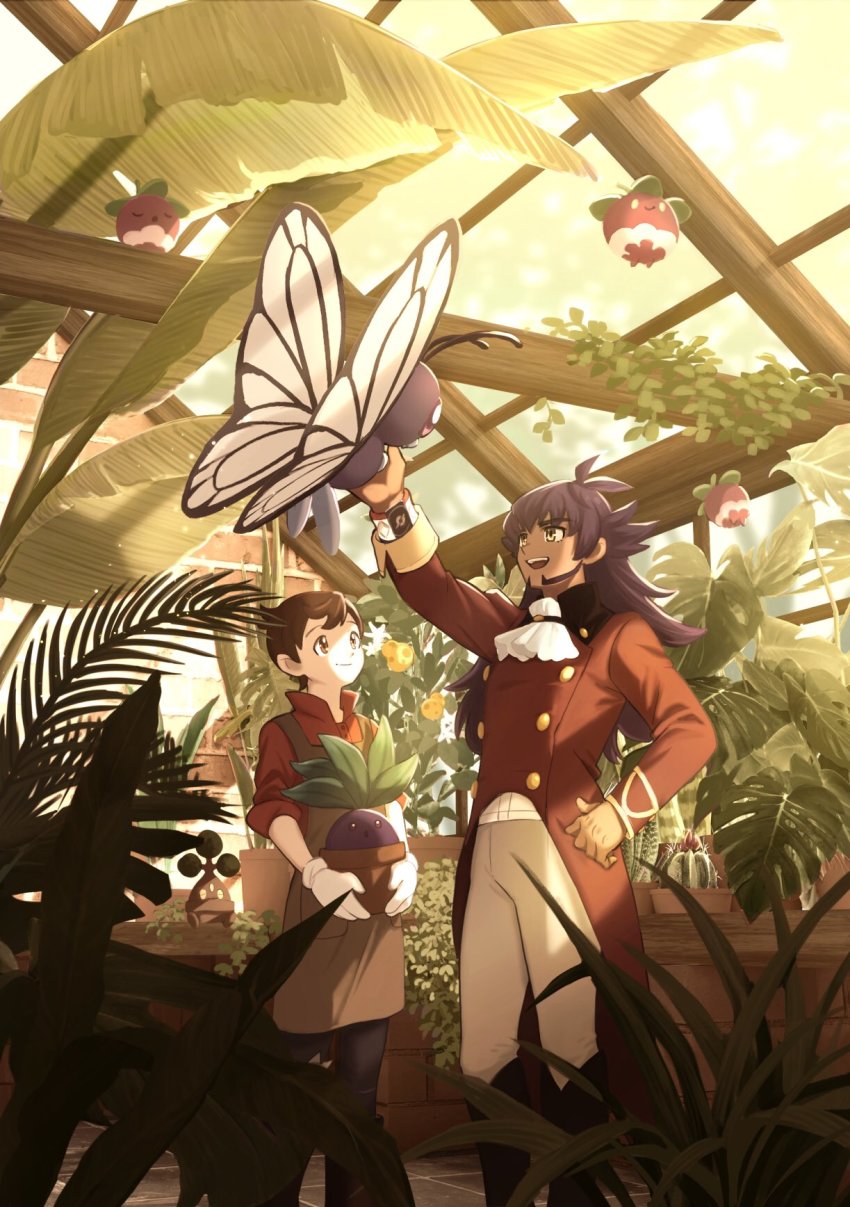 2boys amakara000 apron arm_up ascot bonsly bounsweet brown_apron brown_eyes brown_hair butterfree buttons commentary dark-skinned_male dark_skin dynamax_band facial_hair flower_pot gen_1_pokemon gen_4_pokemon gen_7_pokemon greenhouse highres holding holding_flower_pot holding_pot in_pot leaf leon_(pokemon) long_hair long_sleeves looking_up male_focus multiple_boys nintendo oddish open_mouth pants pokemon pokemon_(creature) pokemon_swsh pot purple_hair red_shirt shirt sleeves_rolled_up smile standing symbol-only_commentary tailcoat teeth upper_teeth_only victor_(pokemon) white_ascot yellow_eyes