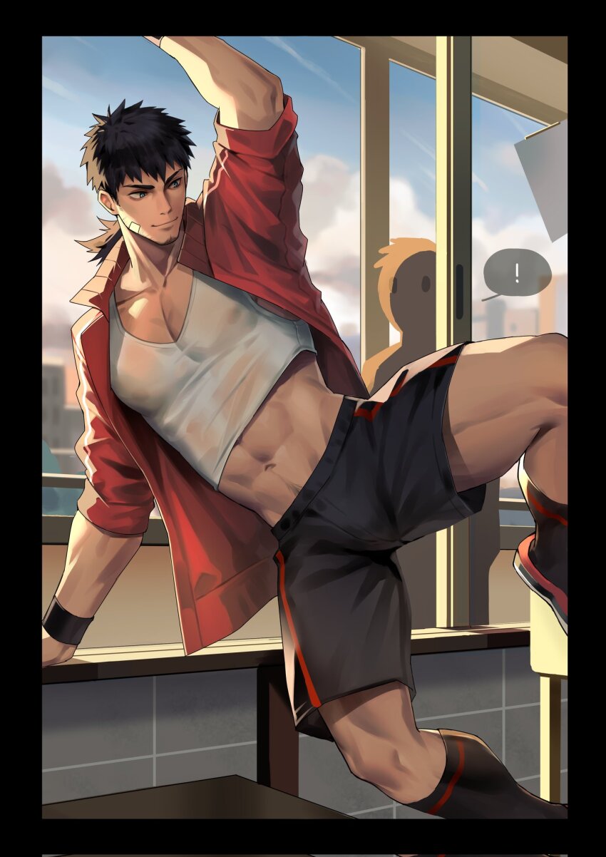 ! 1boy abs aussummer bandaid bandaid_on_cheek bandaid_on_face bara black_hair black_shorts closed_mouth cloud covered_erect_nipples extra highres indoors jacket large_pectorals male_focus muscular muscular_male navel open_clothes open_jacket original pectorals red_jacket short_hair shorts sky smile tank_top white_tank_top wristband