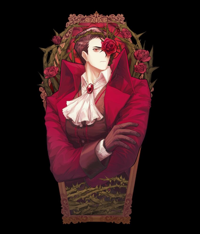1boy ascot black_background black_gloves black_hair black_vest brooch buttons closed_mouth coat coffin collared_shirt crossed_arms e.g.o_(project_moon) flower flower_over_eye glint gloves highres jewelry korean_commentary limbus_company long_sleeves looking_at_viewer meursault_(project_moon) nyak_138 project_moon red_coat red_eyes red_flower rose shirt short_hair slit_pupils solo thorns upper_body vest white_shirt yearning-mircalla_(e.g.o)