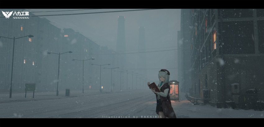 1girl :&lt; absurdres ad animal_ears aqua_hair arknights artist_name bakairis bear_ears beret black_hat black_skirt blue_eyes blue_necktie book braid brown_jacket building bus_stop chinese_commentary city cityscape closed_mouth cloud cloudy_sky collared_shirt commentary hat highres holding holding_book istina_(arknights) jacket lamppost letterboxed long_sleeves looking_at_viewer monocle necktie open_book open_clothes open_jacket outdoors pleated_skirt road road_sign scenery shirt sign single_braid skirt sky snow snowing snowstorm solo street tower trash_bag trash_can white_shirt wide_shot window
