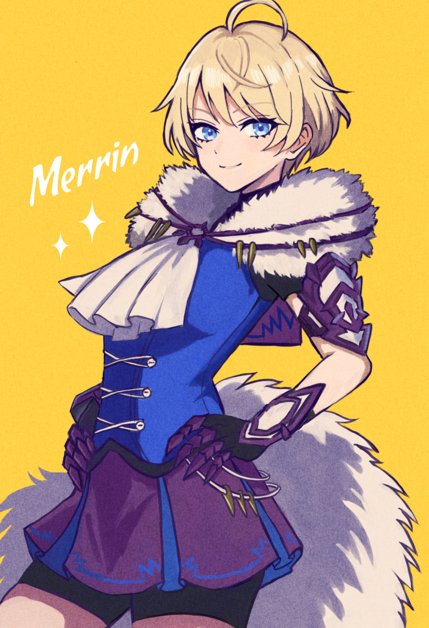 1girl ahoge black_shorts blonde_hair blue_eyes capelet character_name closed_mouth fake_tail fire_emblem fire_emblem_engage fur_capelet hands_on_own_hips highres looking_at_viewer merrin_(fire_emblem) nintendo short_hair shorts shorts_under_skirt smile solo tail wolf_tail yellow_background yuurururun
