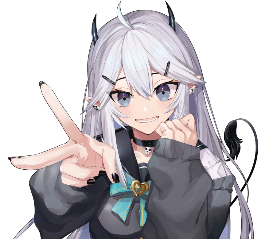 1girl black_nails black_neckerchief blue_eyes bow breasts choker demon_girl demon_horns demon_tail grey_hair highres horns indie_virtual_youtuber long_hair looking_at_viewer nail_polish neckerchief pointy_ears puppeteer7777 school_uniform smile solo tail v vei_(vtuber) very_long_hair virtual_youtuber white_hair