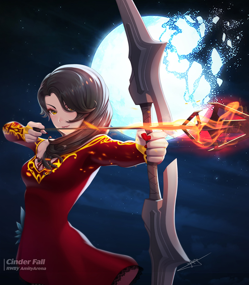 1girl arrow_(projectile) black_hair bow_(weapon) broken_moon character_name cinder_fall closed_mouth commentary copyright_name dress embers english_commentary fire flaming_arrow highres holding holding_arrow holding_bow_(weapon) holding_weapon long_hair moon nail_polish night night_sky official_art orange_eyes red_dress rwby sky smile solo star_(sky) uyalago weapon