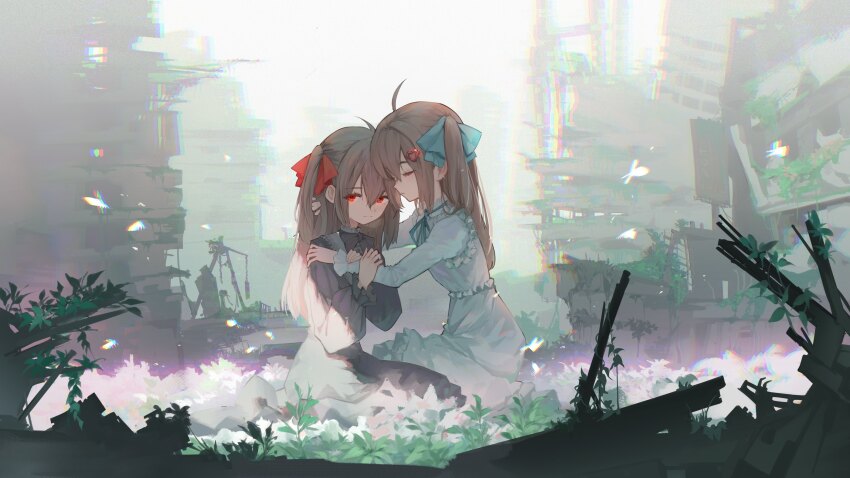 2girls ahoge black_bow black_bowtie black_dress blue_bow blue_bowtie blue_ribbon bow bowtie brown_hair chromatic_aberration closed_eyes closed_mouth commentary commission day dress english_commentary evil_neuro-sama from_side full_body grass hair_ornament hair_ribbon heart heart_hair_ornament highres long_hair long_sleeves multiple_girls neuro-sama outdoors red_eyes red_ribbon ribbon rubble ruins siblings sisters sitting tanziya_(codlxcold) twins two_side_up vedal_ai virtual_youtuber white_dress