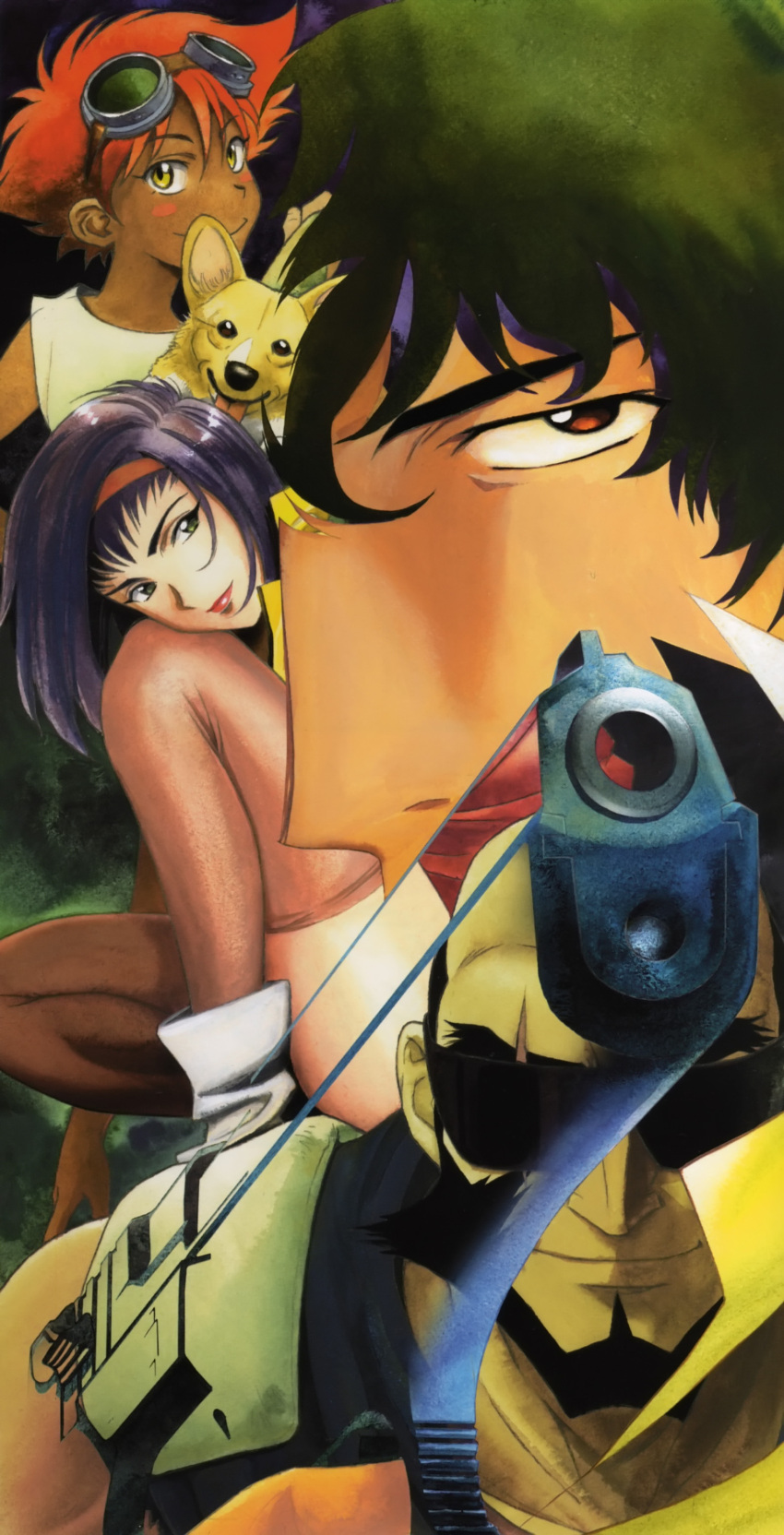 absurdres beard blush_stickers cowboy_bebop dog edward_wong_hau_pepelu_tivrusky_iv ein_(cowboy_bebop) facial_hair faye_valentine green_eyes gun hairband highres holding holding_gun holding_weapon jet_black kawamoto_toshihiro lipstick makeup official_art orange_hair orange_hairband scar scar_across_eye scar_on_face smile spike_spiegel sunglasses weapon welsh_corgi white_footwear