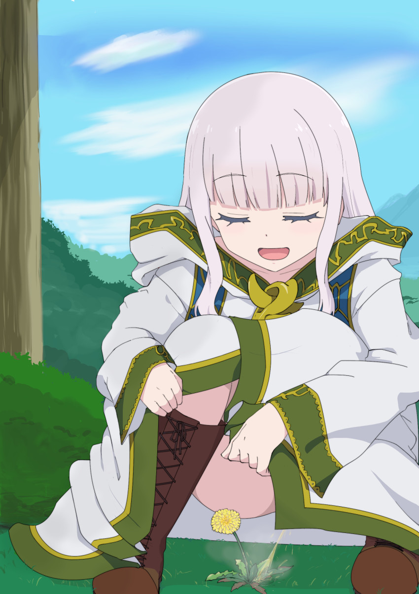 1girl absurdres boots brown_boots bush closed_eyes cloud collarbone convenient_censoring flower gobanme_no_mayoi_neko grass grey_hair highres kenja_no_deshi_wo_nanoru_kenja long_hair long_sleeves mira_(kendeshi) open_mouth outdoors peeing robe sky smile solo squatting tree watering watering_with_pee white_robe