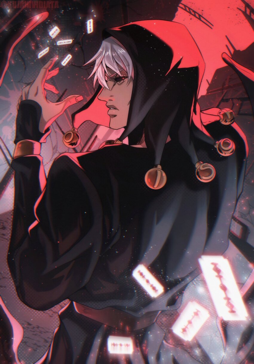 1boy belt black_coat black_hood black_sclera brown_belt coat colored_sclera commentary english_commentary from_behind grey_hair highres jojo_no_kimyou_na_bouken kujaarts long_sleeves looking_back male_focus parted_lips razor_blade red_eyes risotto_nero solo teeth upper_body vento_aureo