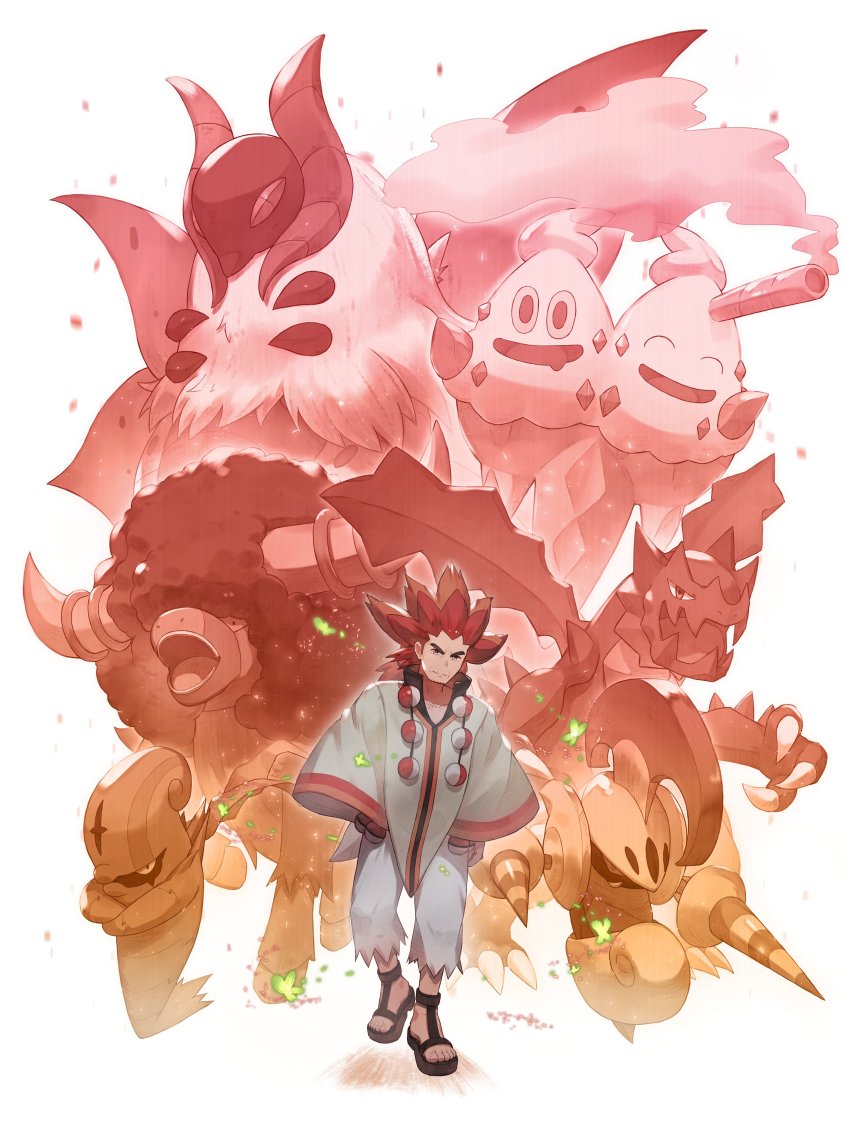 1boy absurdres accelgor alder_(pokemon) black_footwear bouffalant closed_mouth collarbone commentary_request druddigon escavalier facial_hair gen_5_pokemon grey_eyes hair_tie highres jewelry long_hair male_focus multicolored_hair necklace nintendo odd_(hin_yari) orange_hair pants poke_ball poke_ball_(basic) pokemon pokemon_(creature) pokemon_bw poncho ponytail popped_collar red_hair sandals smile spiked_hair standing torn_clothes torn_pants two-tone_hair vanilluxe volcarona white_pants