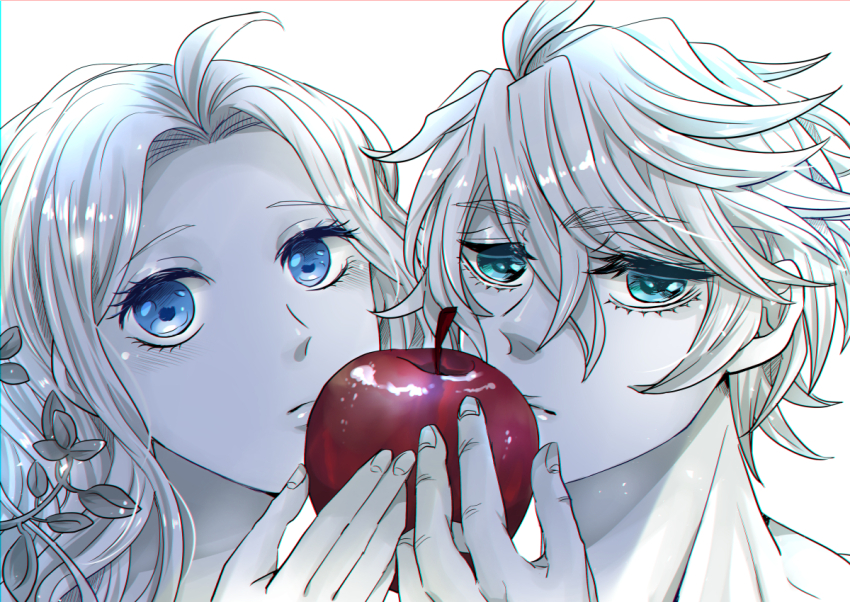 1boy 1girl adam_(shuumatsu_no_valkyrie) ahoge apple aqua_eyes blue_eyes collarbone eve_(shuumatsu_no_valkyrie) expressionless food fruit greyscale hair_between_eyes half-closed_eyes hand_up holding holding_food holding_fruit husband_and_wife jitome long_hair looking_at_viewer monochrome pointy_ears short_hair shuumatsu_no_valkyrie simple_background suzuka_(pixiv) tagme upper_body