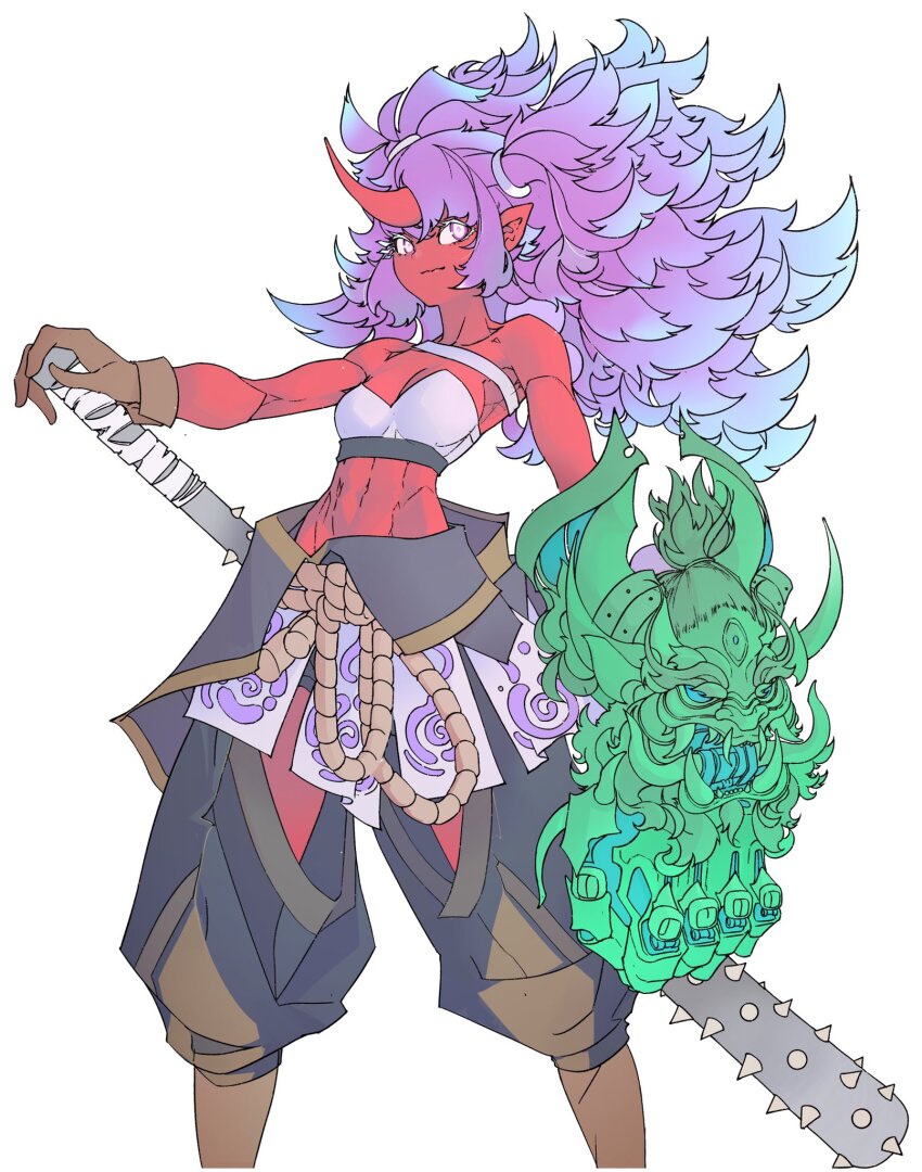 1girl abs bare_shoulders boots bra breasts brown_boots brown_gloves cleavage closed_mouth club club_(weapon) collarbone colored_skin elliemaplefox feet_out_of_frame gauntlets gloves grey_pants hair_ornament highres holding holding_club holding_weapon horns kanabou long_hair looking_at_viewer multicolored_eyes navel oni original pants pointy_ears purple_eyes purple_hair red_horns red_oni red_skin rope simple_background single_gauntlet single_horn small_breasts solo standing toned toned_female two-tone_eyes underwear weapon white_background white_bra white_eyes