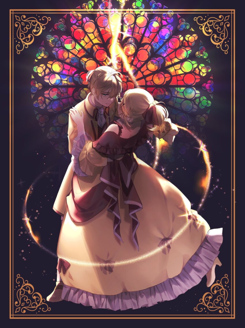 absurdres aku_no_meshitsukai_(vocaloid) aku_no_musume_(vocaloid) allen_avadonia arm_around_waist ascot bare_shoulders black_bow blonde_hair bow brother_and_sister choker collared_jacket collared_shirt dancing dress dress_bow evillious_nendaiki feet_up frilled_sleeves frills green_eyes hair_bow hair_ornament hairclip hand_on_another&#039;s_back hand_on_another&#039;s_shoulder hand_on_another&#039;s_waist high_heels high_ponytail highres jacket kagamine_len kagamine_rin light_particles looking_at_viewer miku_symphony_(vocaloid) mipi petticoat ponytail riliane_lucifen_d&#039;autriche shirt shoes short_ponytail shoulder_blades siblings sideways_glance smile sparkle stained_glass standing standing_on_one_leg swept_bangs twins updo vocaloid waltz_(dance) wide_sleeves yellow_choker yellow_dress yellow_jacket yellow_shoes