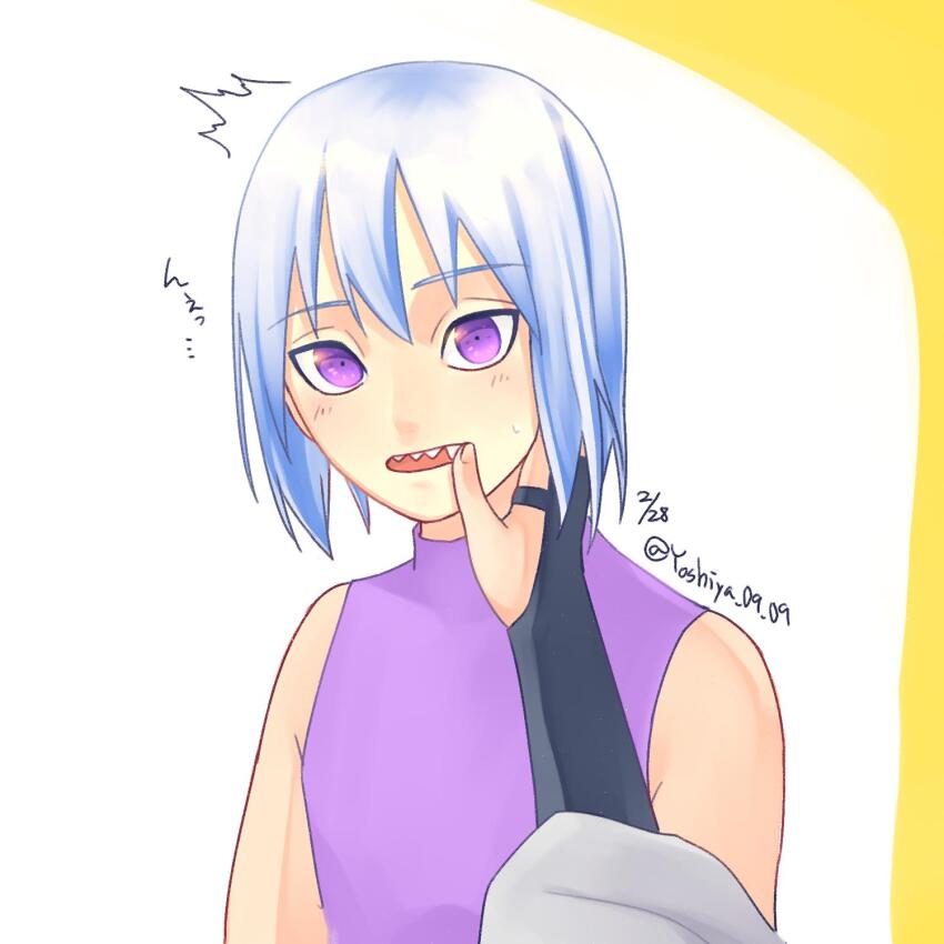 blush finger_in_another&#039;s_mouth fingerless_gloves gloves highres hoozuki_suigetsu looking_at_viewer naruto_(series) naruto_shippuuden purple_eyes purple_shirt sharp_teeth shirt sleeveless sleeveless_shirt spiked_hair sweatdrop teeth uchiha_sasuke white_background white_hair white_shirt yaoi yoshiya0909