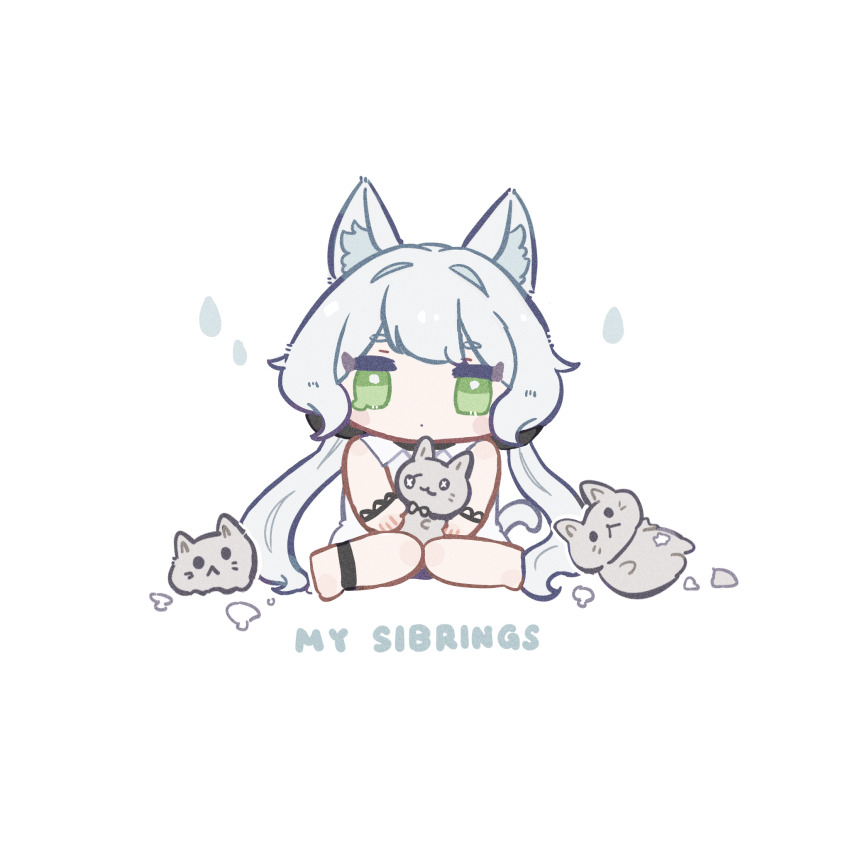 1girl animal_ear_fluff animal_ears arknights bare_shoulders barefoot blush_stickers cat_ears chibi closed_mouth commentary_request dress english_text engrish_text full_body green_eyes grey_hair hair_intakes highres long_hair looking_at_viewer low_twintails ranguage rosmontis_(arknights) simple_background sitting sleeveless sleeveless_dress solo someyaya stuffed_animal stuffed_cat stuffed_toy teardrop twintails very_long_hair white_background white_dress
