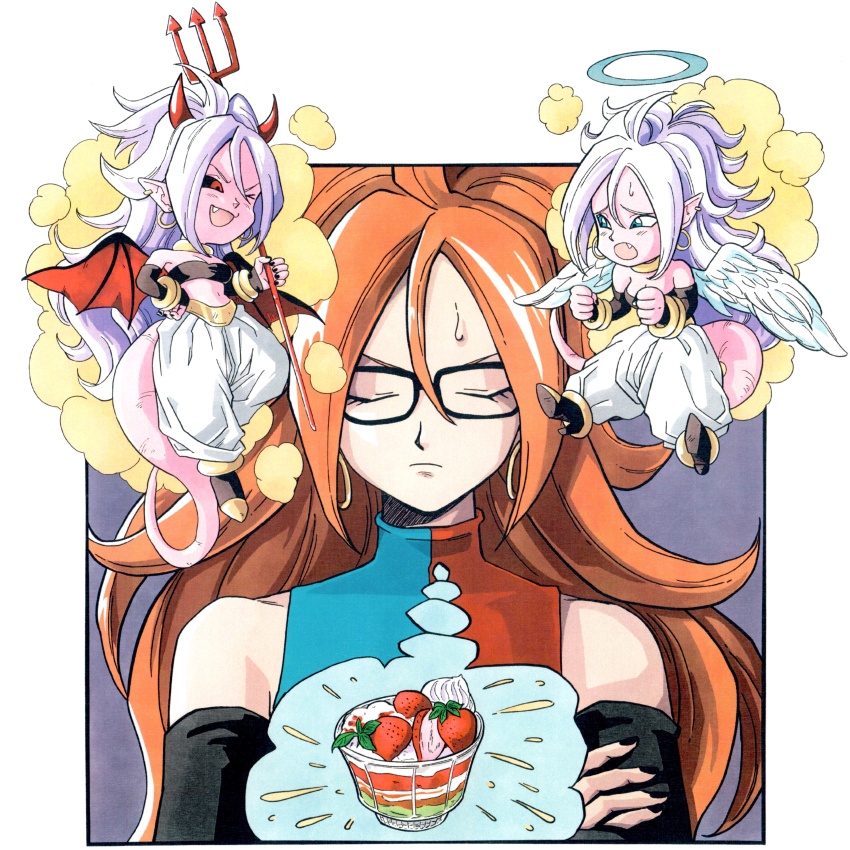 3girls absurdres android_21 angel angel_and_devil angel_wings bare_shoulders black_sleeves black_tube_top blue_dress blue_eyes brown_hair checkered_clothes checkered_dress closed_eyes colored_skin demon_girl demon_horns demon_wings detached_sleeves dragon_ball dragon_ball_fighterz dress earrings eyelashes fang feathered_wings grey_hair halo harem_pants highres hoop_earrings horns jewelry long_hair majin_android_21 multiple_girls pants pink_skin red_dress red_eyes red_wings silverwoodwork strapless tube_top two-tone_dress upp white_pants wings