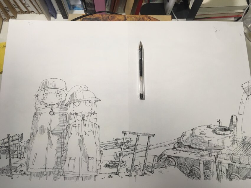 2girls book check_vehicle chito_(shoujo_shuumatsu_ryokou) closed_mouth fur_trim greyscale helmet highres hood hood_down jacket long_hair long_sleeves looking_at_viewer military_vehicle monochrome motor_vehicle multiple_girls nuko_(shoujo_shuumatsu_ryokou) pants pen photo_(medium) shoujo_shuumatsu_ryokou standing t-34 t-34-85 tank traditional_media tsukumizu_yuu vehicle_request white_background yuuri_(shoujo_shuumatsu_ryokou) zipper_pull_tab