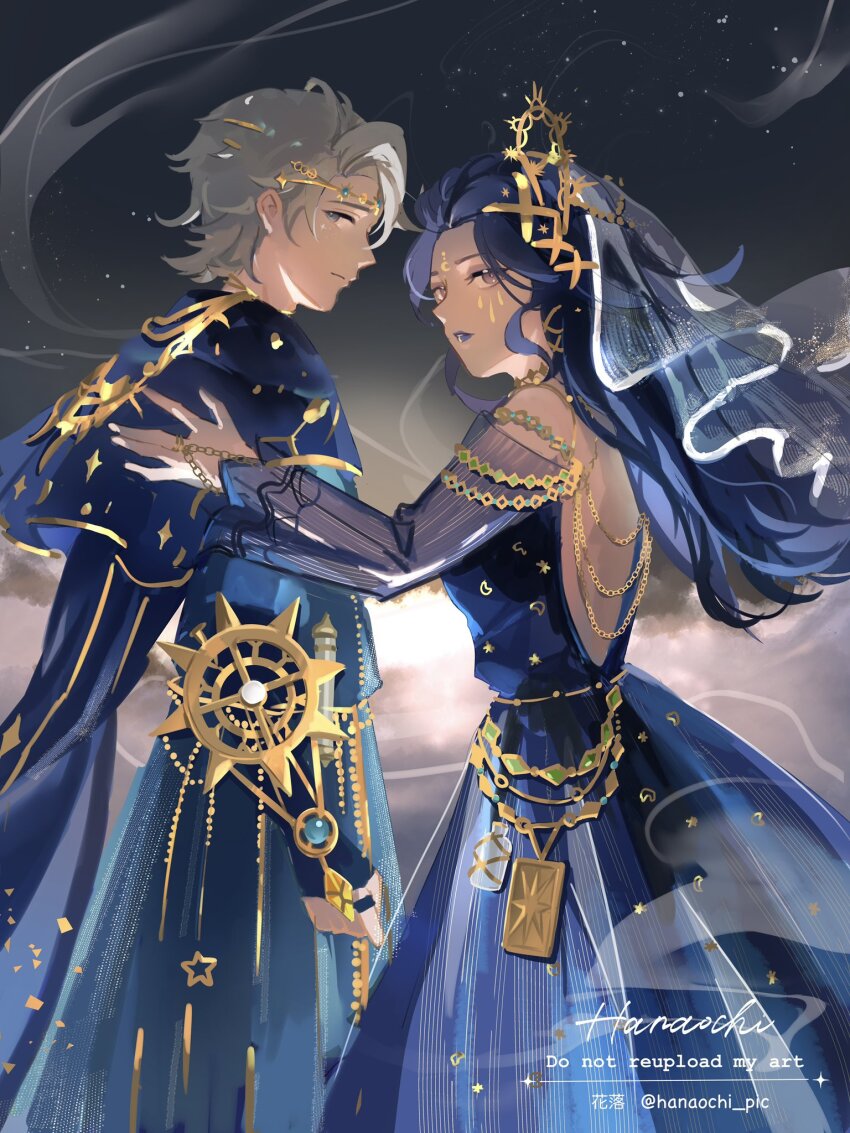 1boy 1girl ada_mesmer ada_mesmer_(everlasting_dream) backless_outfit blue_capelet blue_dress blue_eyes blue_hair blue_lips bridal_veil capelet couple cowboy_shot dress emil_(identity_v) emil_(tracing_light)_(identity_v) gold_trim hair_pulled_back hanaochi_pic hand_on_another&#039;s_shoulder hetero highres identity_v jewelry long_hair looking_at_viewer off_shoulder purple_eyes see-through_clothes see-through_sleeves single_hair_intake twitter_username veil watermark wavy_hair white_hair white_veil