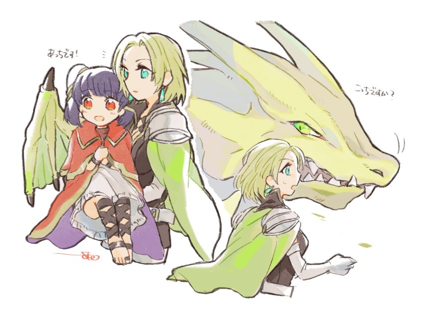 2girls batoson54 blonde_hair cape dragon dragon_wings earrings elbow_gloves fangs fire_emblem fire_emblem:_the_sacred_stones gloves green_eyes highres holding jewelry multiple_girls myrrh_(fire_emblem) nintendo open_mouth purple_hair red_eyes selena_(fire_emblem:_the_sacred_stones) short_hair white_background wings
