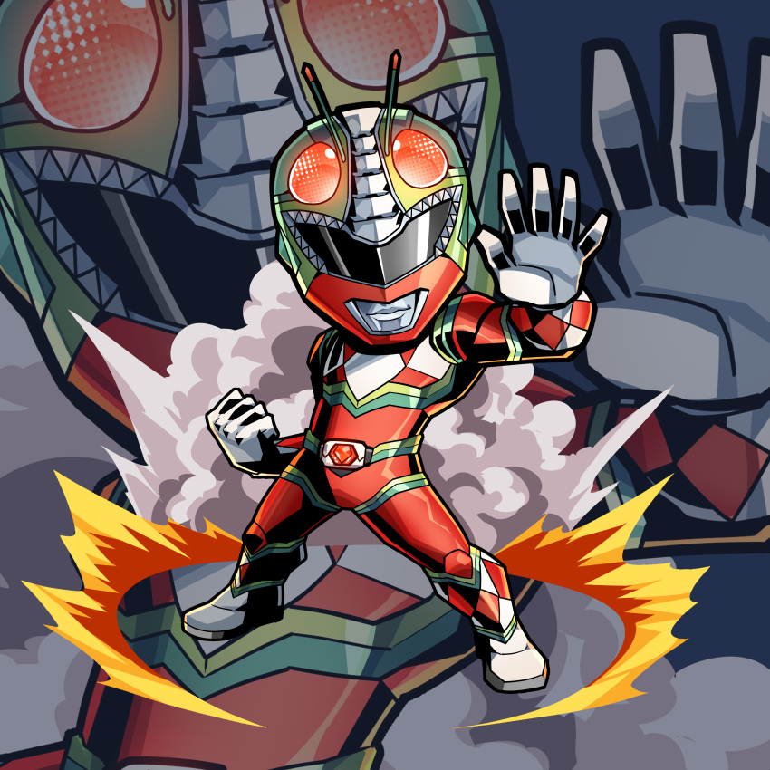 1boy absurdres ashmish belt bodysuit boots chibi clenched_hand commentary commission dino_buckler english_commentary full_body fusion gloves green_helmet hand_up helmet highres kamen_rider kamen_rider_j kamen_rider_j_(movie) kyouryuu_sentai_zyuranger looking_at_viewer male_focus multicolored_helmet red_bodysuit red_helmet smoke standing super_sentai tokusatsu tyranno_ranger white_boots white_gloves zoom_layer