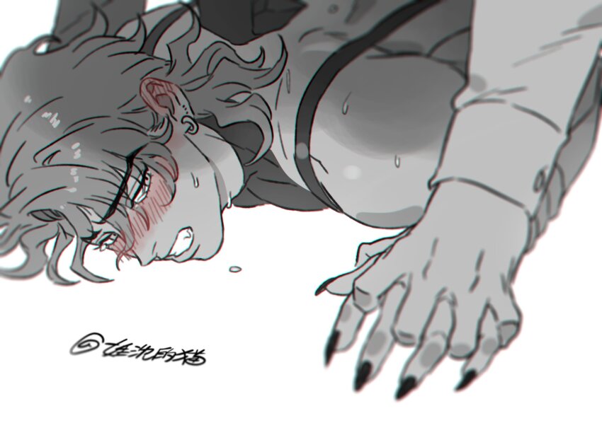 2boys blush clothed_sex dio_brando earrings fangs fingernails full-face_blush highres holding_hands honlo implied_anal implied_sex interlocked_fingers jewelry jojo_no_kimyou_na_bouken jonathan_joestar long_hair long_sleeves male_focus multiple_boys prone_bone sex_from_behind sharp_fingernails shirt sweatdrop teeth yaoi
