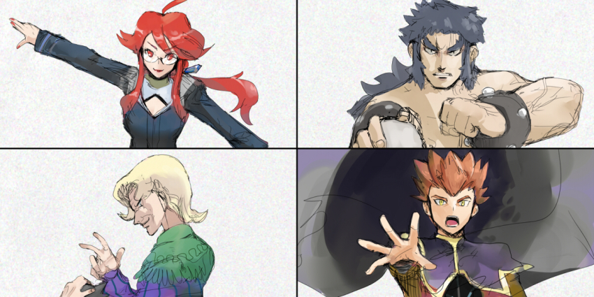 2boys 2girls agatha_(pokemon) ahoge black_cape black_hair black_suit blonde_hair blue_hair bracelet breasts bruno_(pokemon) byte_(grunty-hag1) cane cape dougi dress formal_clothes glasses jacket jewelry karate_gi lance_(pokemon) long_hair long_sleeves lorelei_(pokemon) medium_breasts multiple_boys multiple_girls muscular nintendo old old_woman pokemon pokemon_lgpe ponytail purple_dress red_eyes red_hair semi-rimless_eyewear short_hair sidelocks spiked_hair suit swept_bangs thick_eyebrows topless_male trait_connection turtleneck turtleneck_jacket upper_body