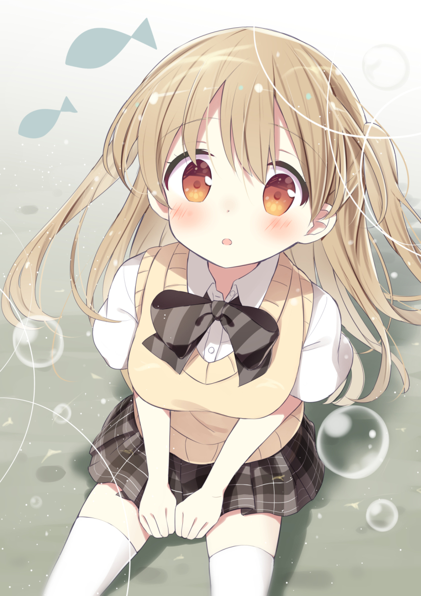 1girl :o blonde_hair blush breasts bubble collared_shirt fish highres ichiyo12 long_hair looking_at_viewer medium_breasts minagi_koharu orange_eyes pleated_skirt school_uniform shirt sitting skirt slow_loop solo sweater_vest thighhighs white_shirt white_thighhighs zettai_ryouiki